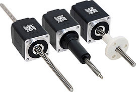 The three different types of stepper leadscrew actuator from Haydon-Kerk: Left: Non-Captive, Middle: Captive, Right: External-Linear
