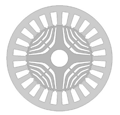 2D cross-section showing the rotor and stator of a synchronous reluctance motor. The stator of a 3-phase SynRel motor is very similar to the stator of a 3-phase PMSM and can usually be powered by 3-phase servodrives originally intended for PMSM motors.